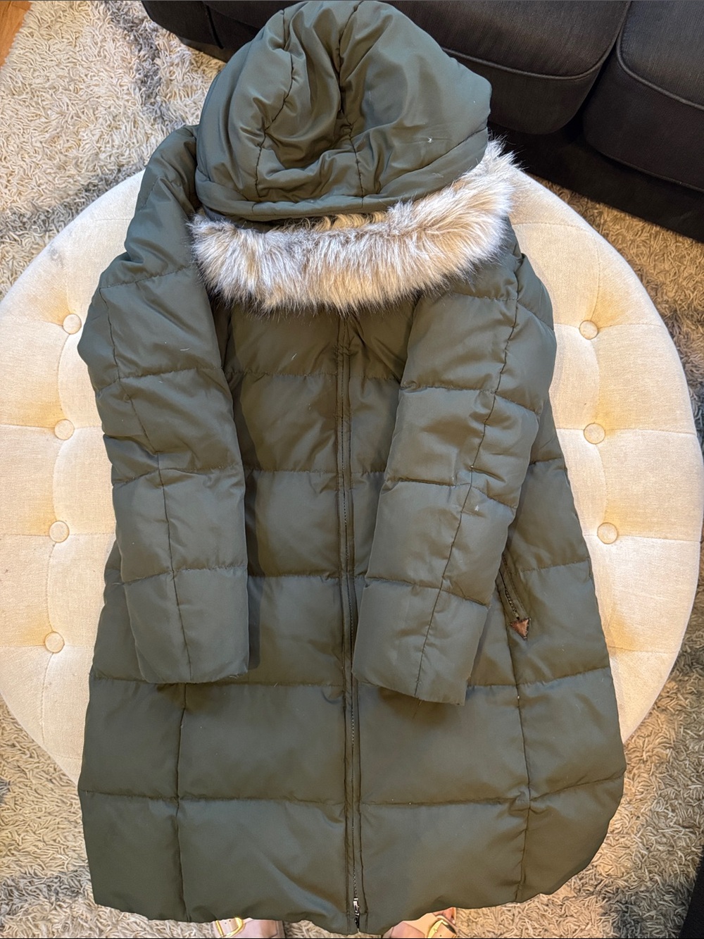 Lauren Ralph Lauren Olive Hooded Quilted Puffer Coat with Faux Fur Trim